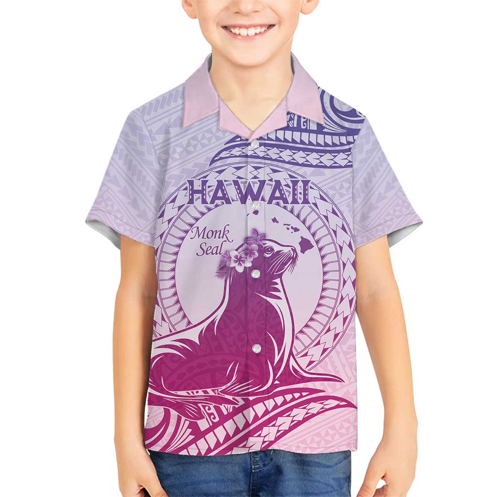 Personalised Hawaii Monk Seal Family Matching Long Sleeve Bodycon Dress and Hawaiian Shirt Polynesian Tattoo With Tropical Flowers - Purple Gradient LT14 Son's Shirt Purple - Polynesian Pride