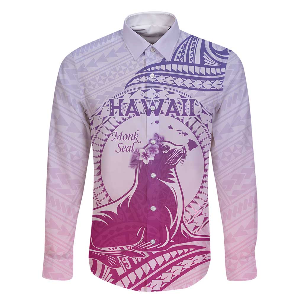 Personalised Hawaii Monk Seal Family Matching Mermaid Dress and Hawaiian Shirt Polynesian Tattoo With Tropical Flowers - Purple Gradient LT14 Dad's Shirt - Long Sleeve Purple - Polynesian Pride