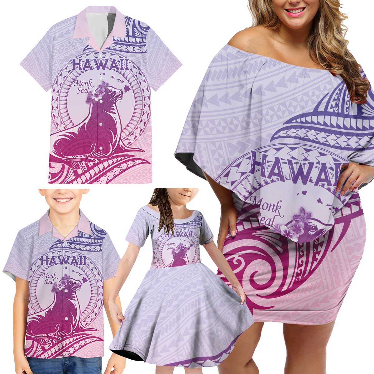 Personalised Hawaii Monk Seal Family Matching Off Shoulder Short Dress and Hawaiian Shirt Polynesian Tattoo With Tropical Flowers - Purple Gradient LT14 - Polynesian Pride