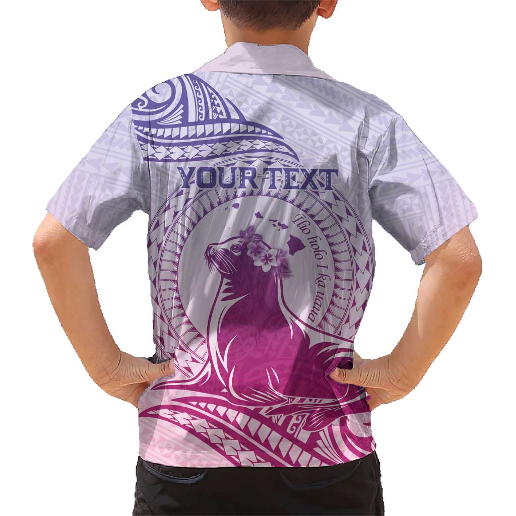 Personalised Hawaii Monk Seal Family Matching Short Sleeve Bodycon Dress and Hawaiian Shirt Polynesian Tattoo With Tropical Flowers - Purple Gradient LT14 - Polynesian Pride
