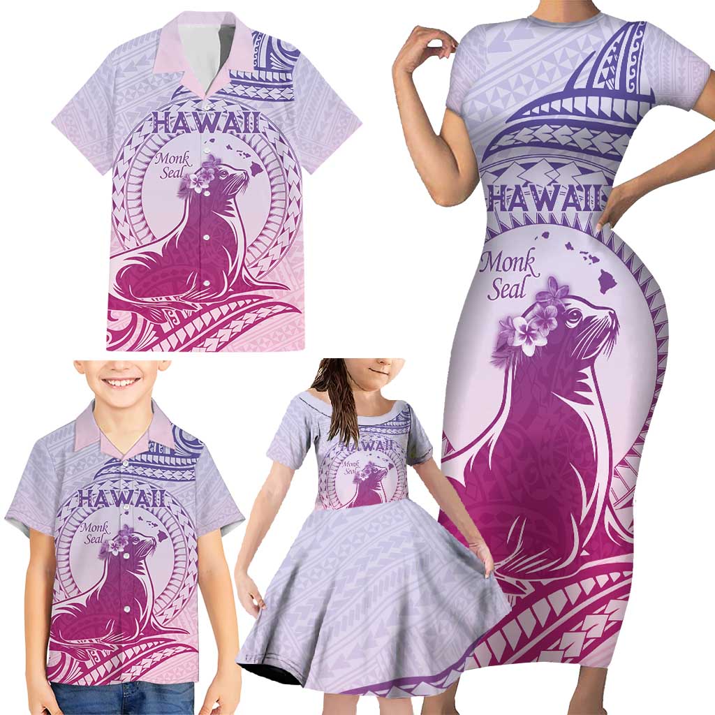 Personalised Hawaii Monk Seal Family Matching Short Sleeve Bodycon Dress and Hawaiian Shirt Polynesian Tattoo With Tropical Flowers - Purple Gradient LT14 - Polynesian Pride