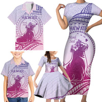 Personalised Hawaii Monk Seal Family Matching Short Sleeve Bodycon Dress and Hawaiian Shirt Polynesian Tattoo With Tropical Flowers - Purple Gradient LT14 - Polynesian Pride