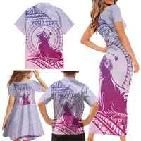 Personalised Hawaii Monk Seal Family Matching Short Sleeve Bodycon Dress and Hawaiian Shirt Polynesian Tattoo With Tropical Flowers - Purple Gradient LT14 - Polynesian Pride