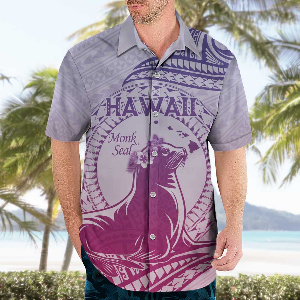 Personalised Hawaii Monk Seal Hawaiian Shirt Polynesian Tattoo With Tropical Flowers - Purple Gradient