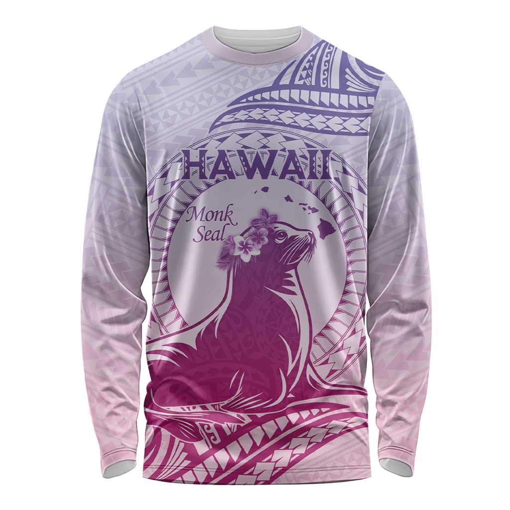 Personalised Hawaii Monk Seal Long Sleeve Shirt Polynesian Tattoo With Tropical Flowers - Purple Gradient LT14 Unisex Purple - Polynesian Pride