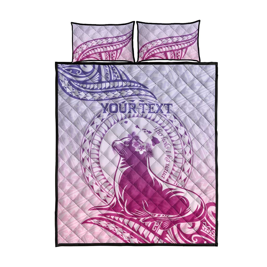 Personalised Hawaii Monk Seal Quilt Bed Set Polynesian Tattoo With Tropical Flowers - Purple Gradient