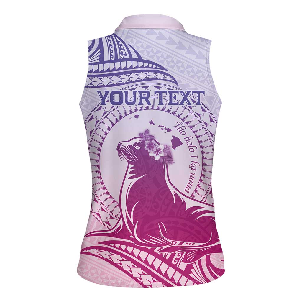Personalised Hawaii Monk Seal Women Sleeveless Polo Shirt Polynesian Tattoo With Tropical Flowers - Purple Gradient