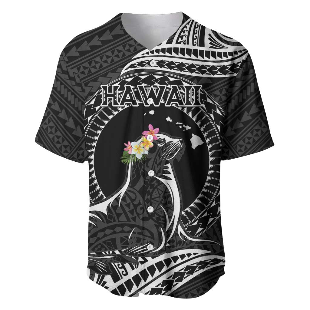 Personalised Hawaii Monk Seal Baseball Jersey Polynesian Tattoo With Tropical Flowers - Black LT14 Black - Polynesian Pride