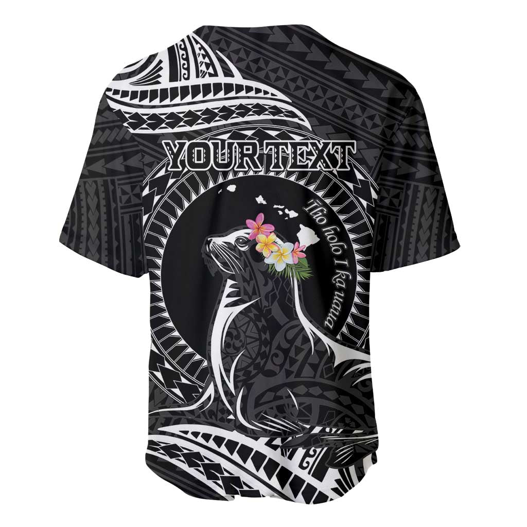Personalised Hawaii Monk Seal Baseball Jersey Polynesian Tattoo With Tropical Flowers - Black LT14 - Polynesian Pride