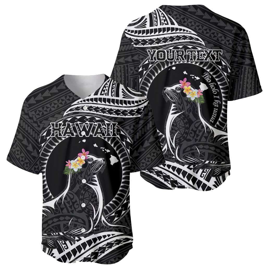 Personalised Hawaii Monk Seal Baseball Jersey Polynesian Tattoo With Tropical Flowers - Black LT14 - Polynesian Pride