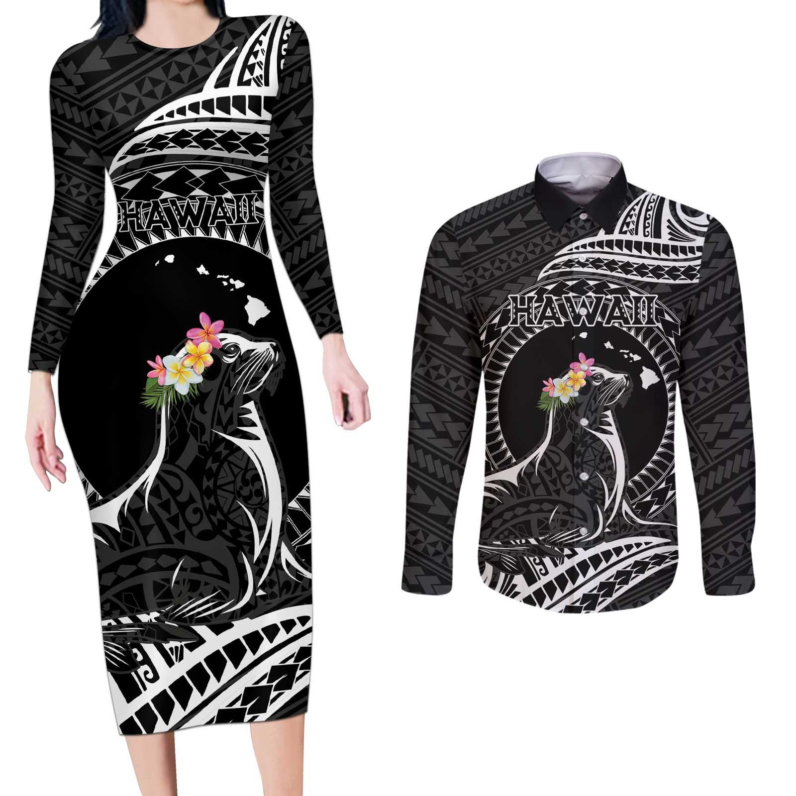 Personalised Hawaii Monk Seal Couples Matching Long Sleeve Bodycon Dress and Long Sleeve Button Shirt Polynesian Tattoo With Tropical Flowers - Black LT14 Black - Polynesian Pride