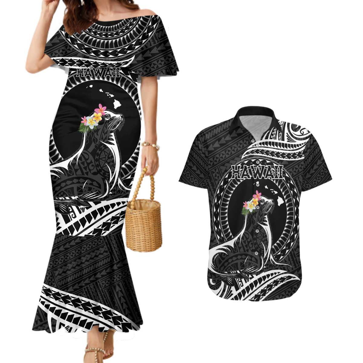 Personalised Hawaii Monk Seal Couples Matching Mermaid Dress and Hawaiian Shirt Polynesian Tattoo With Tropical Flowers - Black LT14 Black - Polynesian Pride