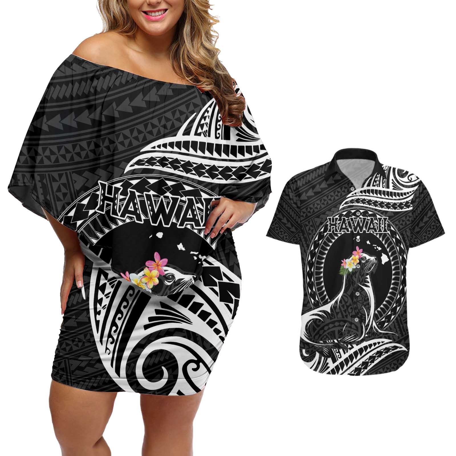 Personalised Hawaii Monk Seal Couples Matching Off Shoulder Short Dress and Hawaiian Shirt Polynesian Tattoo With Tropical Flowers - Black LT14 Black - Polynesian Pride