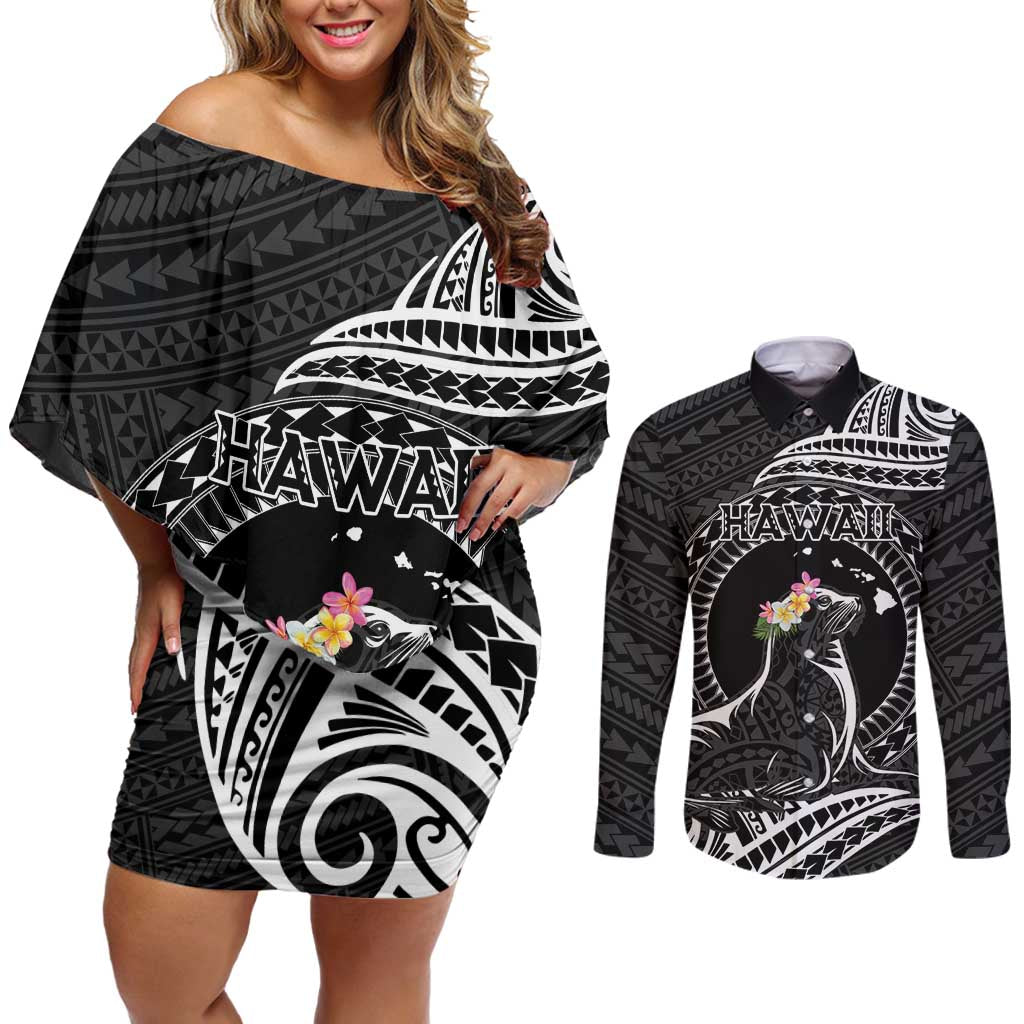 Personalised Hawaii Monk Seal Couples Matching Off Shoulder Short Dress and Long Sleeve Button Shirt Polynesian Tattoo With Tropical Flowers - Black LT14 Black - Polynesian Pride