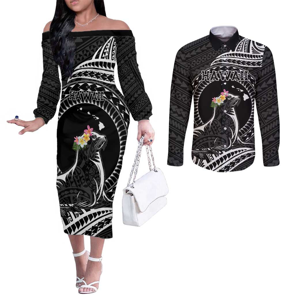 Personalised Hawaii Monk Seal Couples Matching Off The Shoulder Long Sleeve Dress and Long Sleeve Button Shirt Polynesian Tattoo With Tropical Flowers - Black LT14 Black - Polynesian Pride