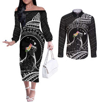 Personalised Hawaii Monk Seal Couples Matching Off The Shoulder Long Sleeve Dress and Long Sleeve Button Shirt Polynesian Tattoo With Tropical Flowers - Black LT14 Black - Polynesian Pride