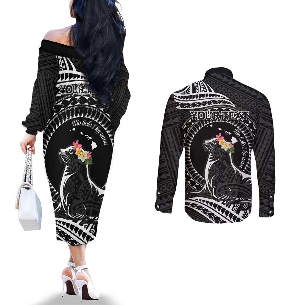 Personalised Hawaii Monk Seal Couples Matching Off The Shoulder Long Sleeve Dress and Long Sleeve Button Shirt Polynesian Tattoo With Tropical Flowers - Black LT14 - Polynesian Pride