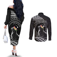 Personalised Hawaii Monk Seal Couples Matching Off The Shoulder Long Sleeve Dress and Long Sleeve Button Shirt Polynesian Tattoo With Tropical Flowers - Black LT14 - Polynesian Pride