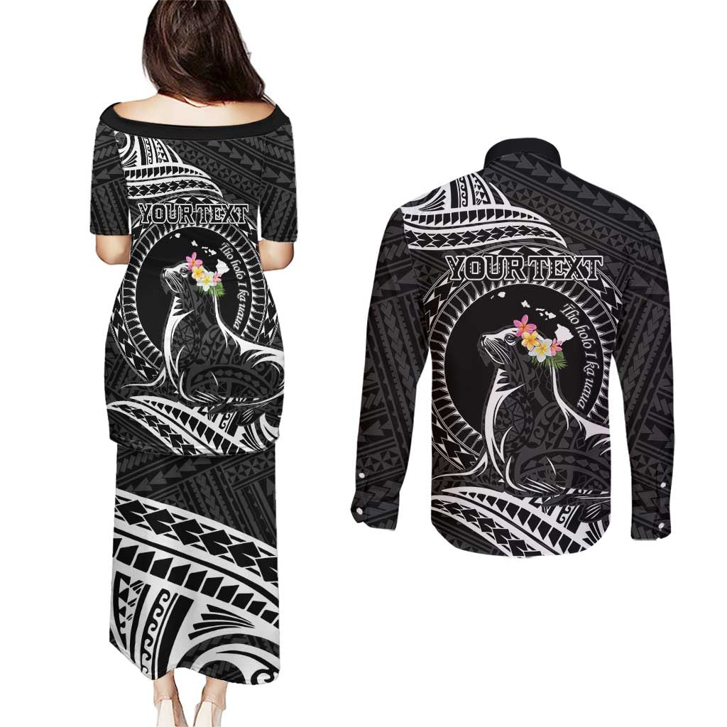 Personalised Hawaii Monk Seal Couples Matching Puletasi and Long Sleeve Button Shirt Polynesian Tattoo With Tropical Flowers - Black