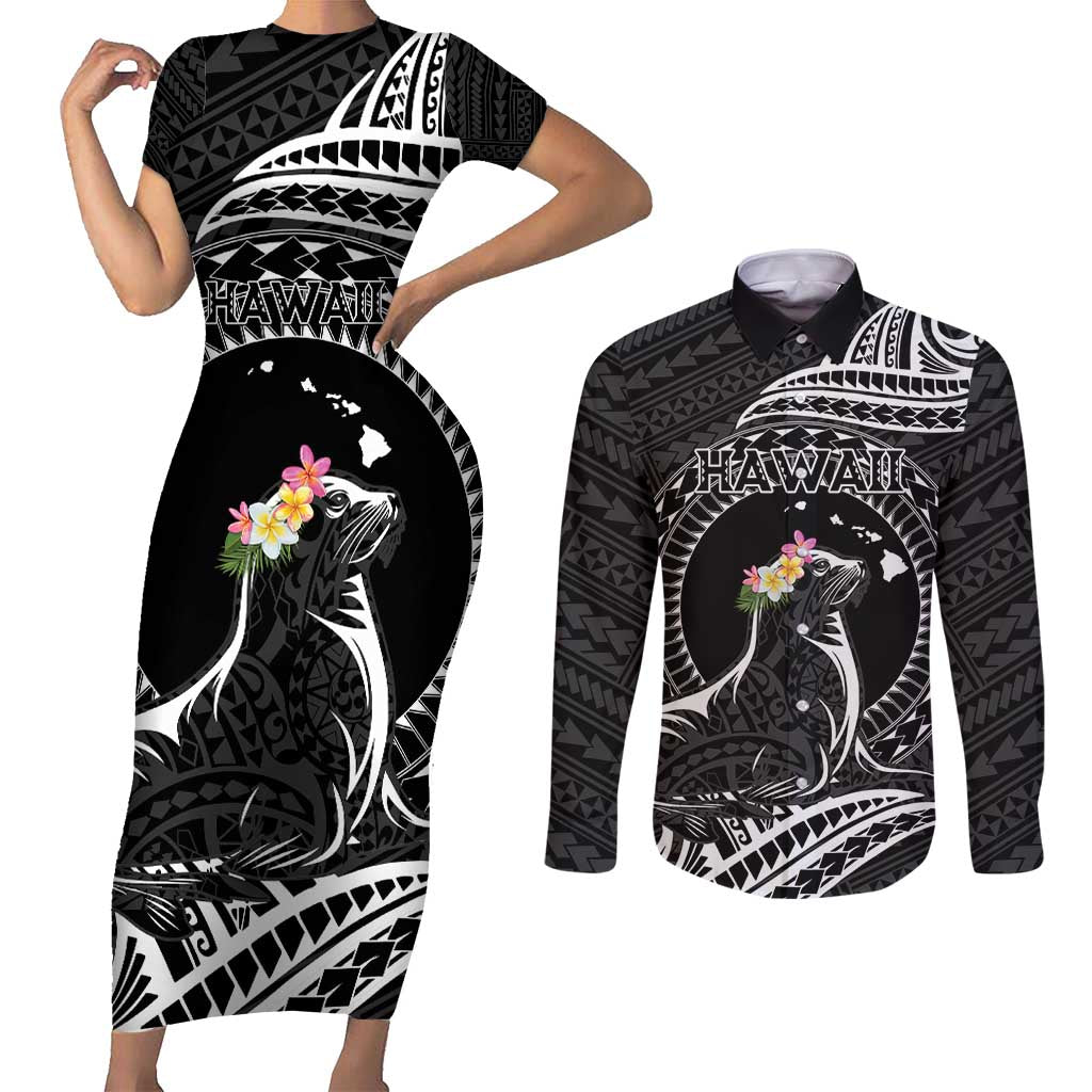 Personalised Hawaii Monk Seal Couples Matching Short Sleeve Bodycon Dress and Long Sleeve Button Shirt Polynesian Tattoo With Tropical Flowers - Black LT14 Black - Polynesian Pride