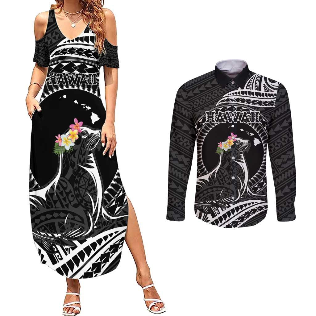 Personalised Hawaii Monk Seal Couples Matching Summer Maxi Dress and Long Sleeve Button Shirt Polynesian Tattoo With Tropical Flowers - Black LT14 Black - Polynesian Pride