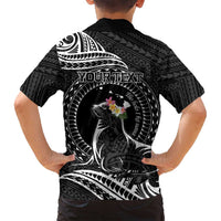 Personalised Hawaii Monk Seal Family Matching Long Sleeve Bodycon Dress and Hawaiian Shirt Polynesian Tattoo With Tropical Flowers - Black LT14 - Polynesian Pride