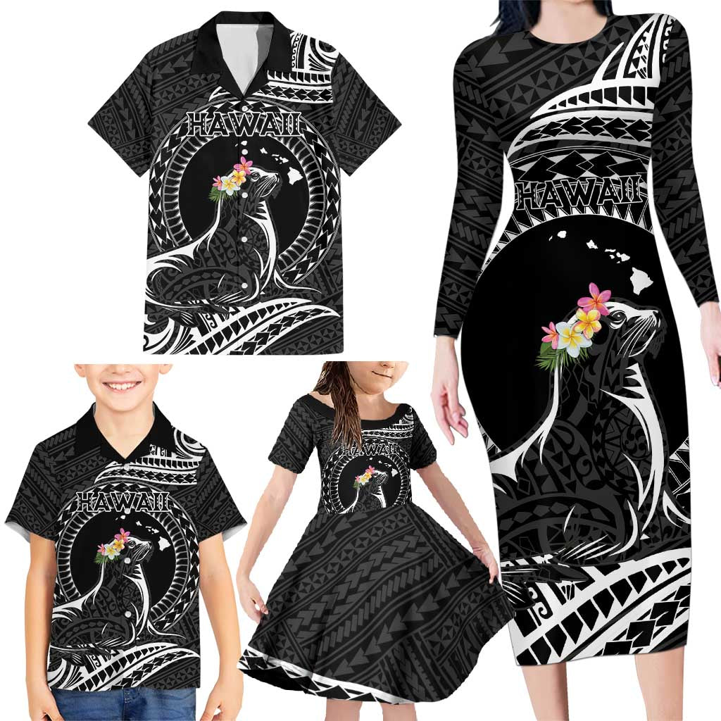Personalised Hawaii Monk Seal Family Matching Long Sleeve Bodycon Dress and Hawaiian Shirt Polynesian Tattoo With Tropical Flowers - Black LT14 - Polynesian Pride