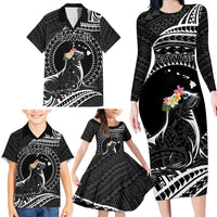 Personalised Hawaii Monk Seal Family Matching Long Sleeve Bodycon Dress and Hawaiian Shirt Polynesian Tattoo With Tropical Flowers - Black LT14 - Polynesian Pride