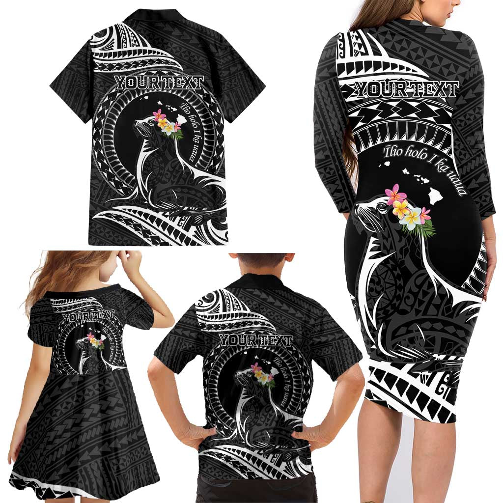 Personalised Hawaii Monk Seal Family Matching Long Sleeve Bodycon Dress and Hawaiian Shirt Polynesian Tattoo With Tropical Flowers - Black LT14 - Polynesian Pride