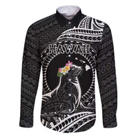 Personalised Hawaii Monk Seal Family Matching Long Sleeve Bodycon Dress and Hawaiian Shirt Polynesian Tattoo With Tropical Flowers - Black LT14 Dad's Shirt - Long Sleeve Black - Polynesian Pride