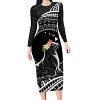Personalised Hawaii Monk Seal Family Matching Long Sleeve Bodycon Dress and Hawaiian Shirt Polynesian Tattoo With Tropical Flowers - Black LT14 Mom's Dress Black - Polynesian Pride