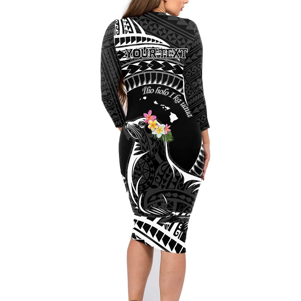 Personalised Hawaii Monk Seal Family Matching Long Sleeve Bodycon Dress and Hawaiian Shirt Polynesian Tattoo With Tropical Flowers - Black LT14 - Polynesian Pride