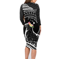 Personalised Hawaii Monk Seal Family Matching Long Sleeve Bodycon Dress and Hawaiian Shirt Polynesian Tattoo With Tropical Flowers - Black LT14 - Polynesian Pride