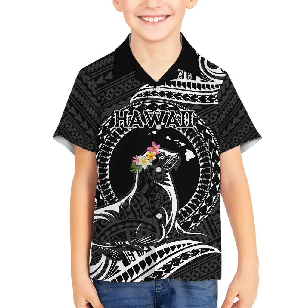 Personalised Hawaii Monk Seal Family Matching Long Sleeve Bodycon Dress and Hawaiian Shirt Polynesian Tattoo With Tropical Flowers - Black LT14 Son's Shirt Black - Polynesian Pride