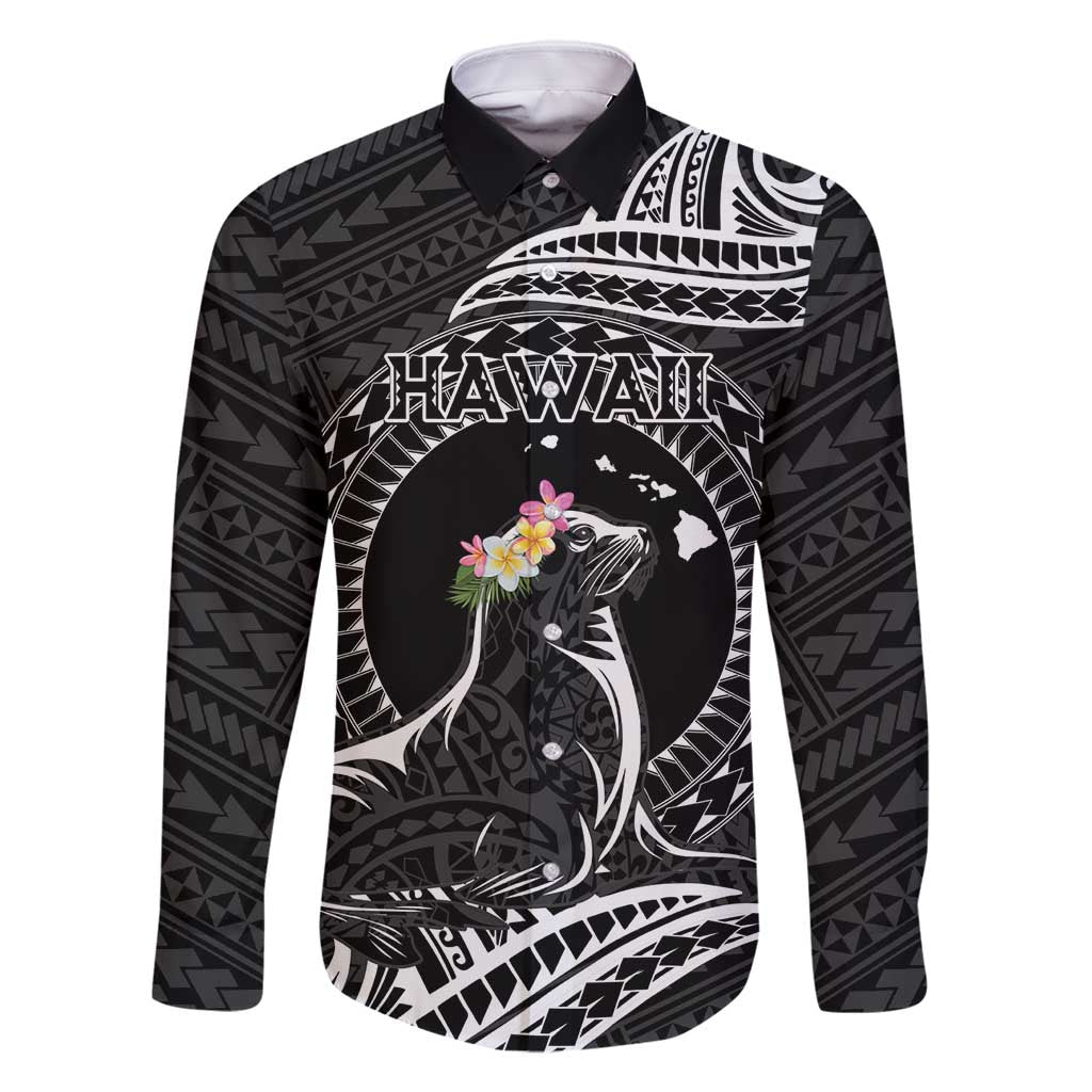 Personalised Hawaii Monk Seal Family Matching Mermaid Dress and Hawaiian Shirt Polynesian Tattoo With Tropical Flowers - Black LT14 Dad's Shirt - Long Sleeve Black - Polynesian Pride