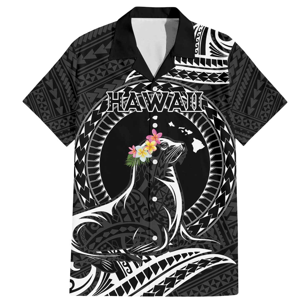 Personalised Hawaii Monk Seal Family Matching Off The Shoulder Long Sleeve Dress and Hawaiian Shirt Polynesian Tattoo With Tropical Flowers - Black LT14 Dad's Shirt - Short Sleeve Black - Polynesian Pride