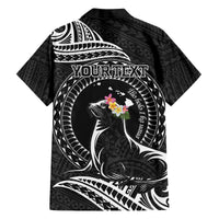 Personalised Hawaii Monk Seal Family Matching Off The Shoulder Long Sleeve Dress and Hawaiian Shirt Polynesian Tattoo With Tropical Flowers - Black LT14 - Polynesian Pride