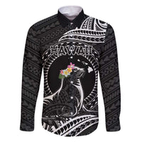 Personalised Hawaii Monk Seal Family Matching Off The Shoulder Long Sleeve Dress and Hawaiian Shirt Polynesian Tattoo With Tropical Flowers - Black LT14 Dad's Shirt - Long Sleeve Black - Polynesian Pride