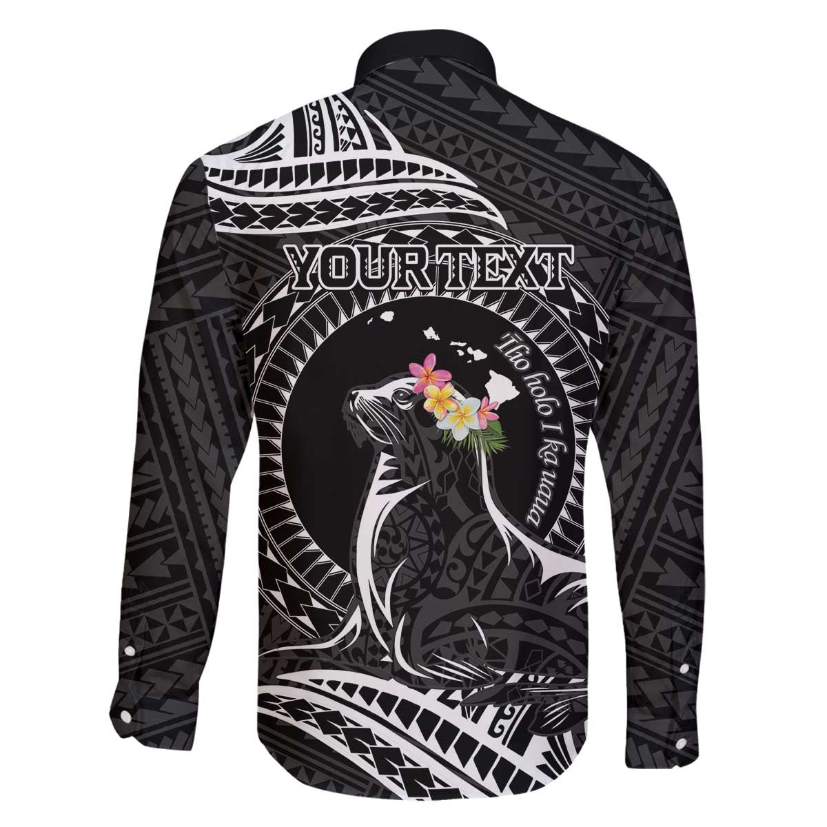 Personalised Hawaii Monk Seal Family Matching Off The Shoulder Long Sleeve Dress and Hawaiian Shirt Polynesian Tattoo With Tropical Flowers - Black LT14 - Polynesian Pride