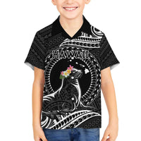 Personalised Hawaii Monk Seal Family Matching Off The Shoulder Long Sleeve Dress and Hawaiian Shirt Polynesian Tattoo With Tropical Flowers - Black LT14 Son's Shirt Black - Polynesian Pride