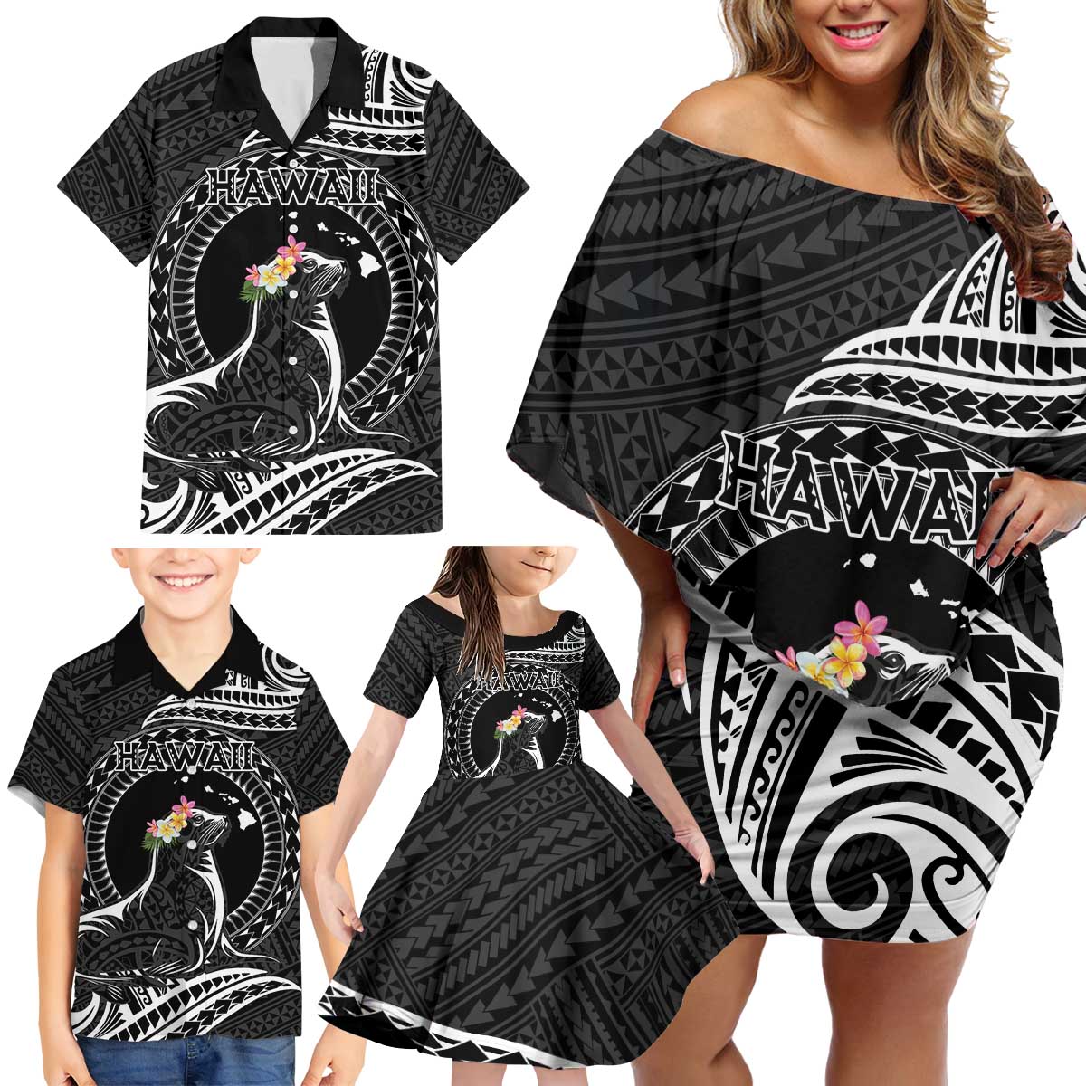 Personalised Hawaii Monk Seal Family Matching Off Shoulder Short Dress and Hawaiian Shirt Polynesian Tattoo With Tropical Flowers - Black LT14 - Polynesian Pride