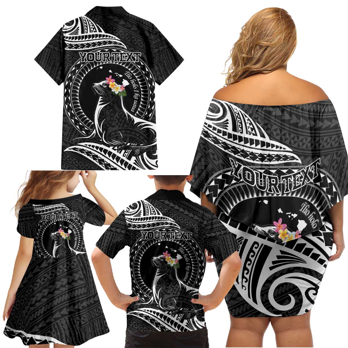 Personalised Hawaii Monk Seal Family Matching Off Shoulder Short Dress and Hawaiian Shirt Polynesian Tattoo With Tropical Flowers - Black