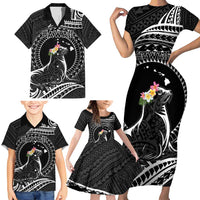 Personalised Hawaii Monk Seal Family Matching Short Sleeve Bodycon Dress and Hawaiian Shirt Polynesian Tattoo With Tropical Flowers - Black LT14 - Polynesian Pride