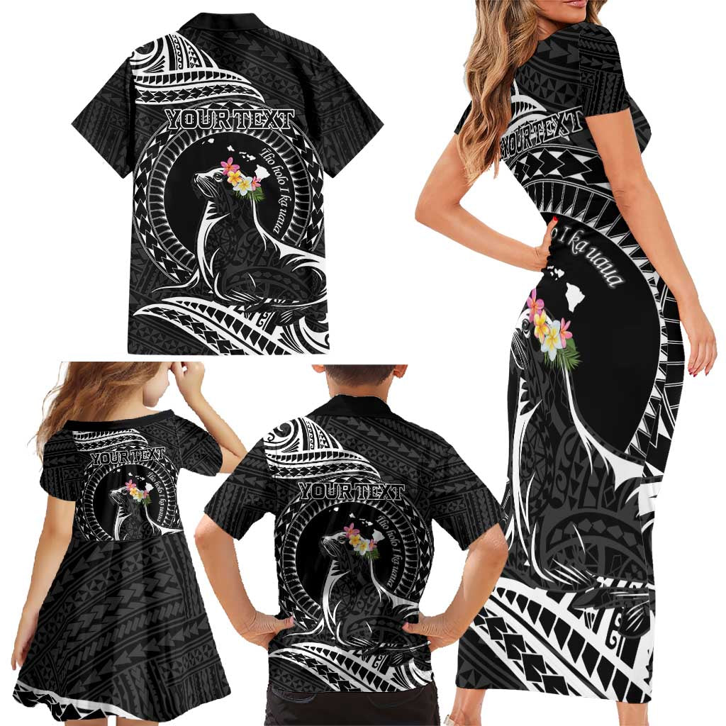Personalised Hawaii Monk Seal Family Matching Short Sleeve Bodycon Dress and Hawaiian Shirt Polynesian Tattoo With Tropical Flowers - Black LT14 - Polynesian Pride