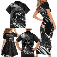 Personalised Hawaii Monk Seal Family Matching Short Sleeve Bodycon Dress and Hawaiian Shirt Polynesian Tattoo With Tropical Flowers - Black LT14 - Polynesian Pride