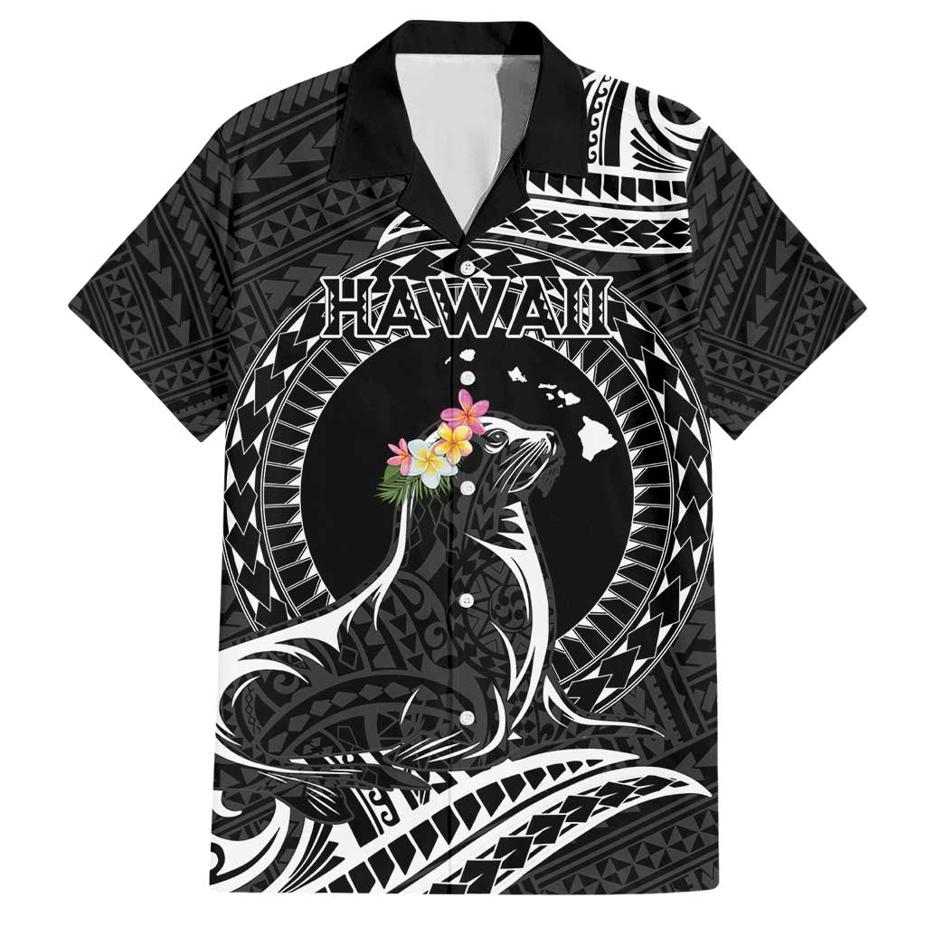 Personalised Hawaii Monk Seal Family Matching Short Sleeve Bodycon Dress and Hawaiian Shirt Polynesian Tattoo With Tropical Flowers - Black LT14 Dad's Shirt - Short Sleeve Black - Polynesian Pride