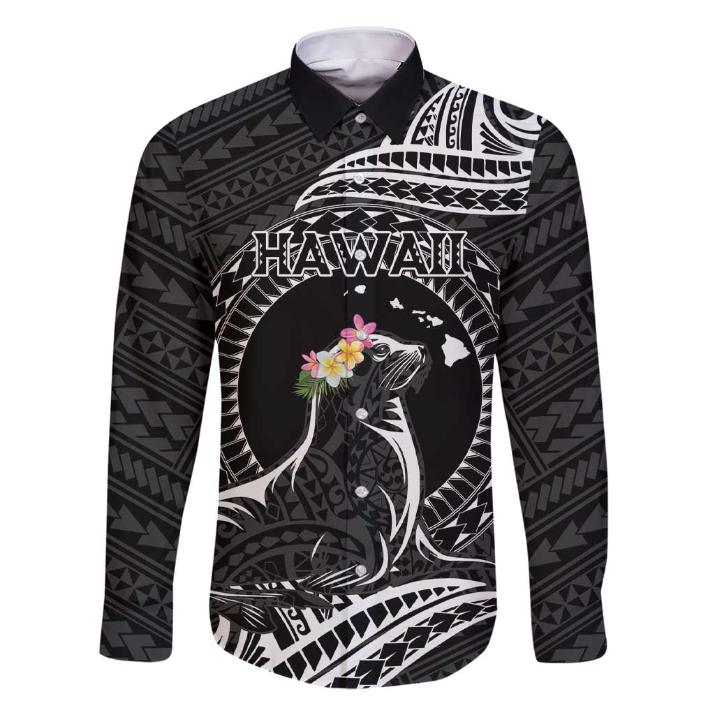 Personalised Hawaii Monk Seal Family Matching Short Sleeve Bodycon Dress and Hawaiian Shirt Polynesian Tattoo With Tropical Flowers - Black LT14 Dad's Shirt - Long Sleeve Black - Polynesian Pride
