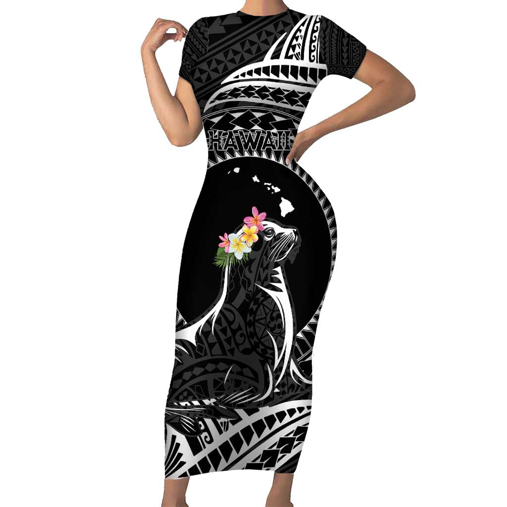 Personalised Hawaii Monk Seal Family Matching Short Sleeve Bodycon Dress and Hawaiian Shirt Polynesian Tattoo With Tropical Flowers - Black LT14 Mom's Dress Black - Polynesian Pride