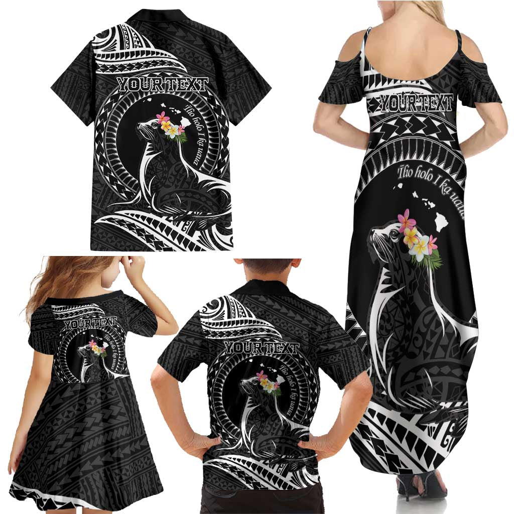 Personalised Hawaii Monk Seal Family Matching Summer Maxi Dress and Hawaiian Shirt Polynesian Tattoo With Tropical Flowers - Black LT14 - Polynesian Pride