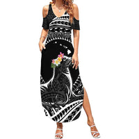 Personalised Hawaii Monk Seal Family Matching Summer Maxi Dress and Hawaiian Shirt Polynesian Tattoo With Tropical Flowers - Black LT14 Mom's Dress Black - Polynesian Pride